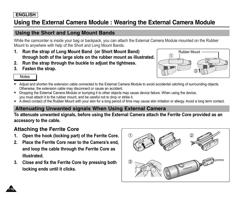 Using the short and long mount bands, Attaching the ferrite core | Samsung SC-X105L-XAA User Manual | Page 114 / 144