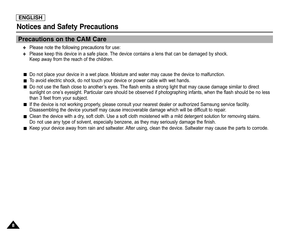 Notices and safety precautions, Precautions on the cam care | Samsung SC-X105L-XAA User Manual | Page 12 / 144