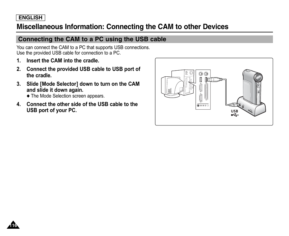 Connecting the cam to a pc using the usb cable | Samsung SC-X105L-XAA User Manual | Page 120 / 144