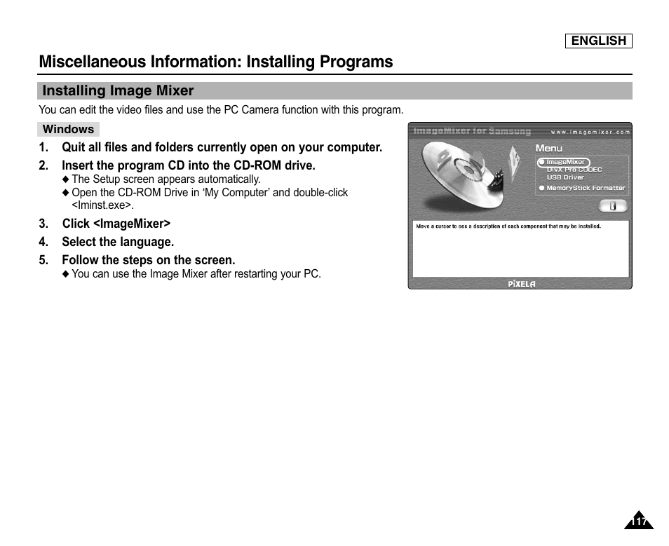 Installing programs, Installing image mixer, Miscellaneous information: installing programs | Samsung SC-X105L-XAA User Manual | Page 121 / 144