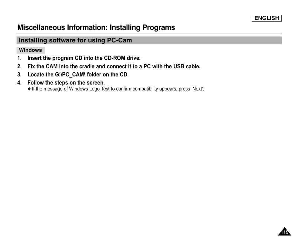 Installing software for using pc-cam, Miscellaneous information: installing programs | Samsung SC-X105L-XAA User Manual | Page 123 / 144