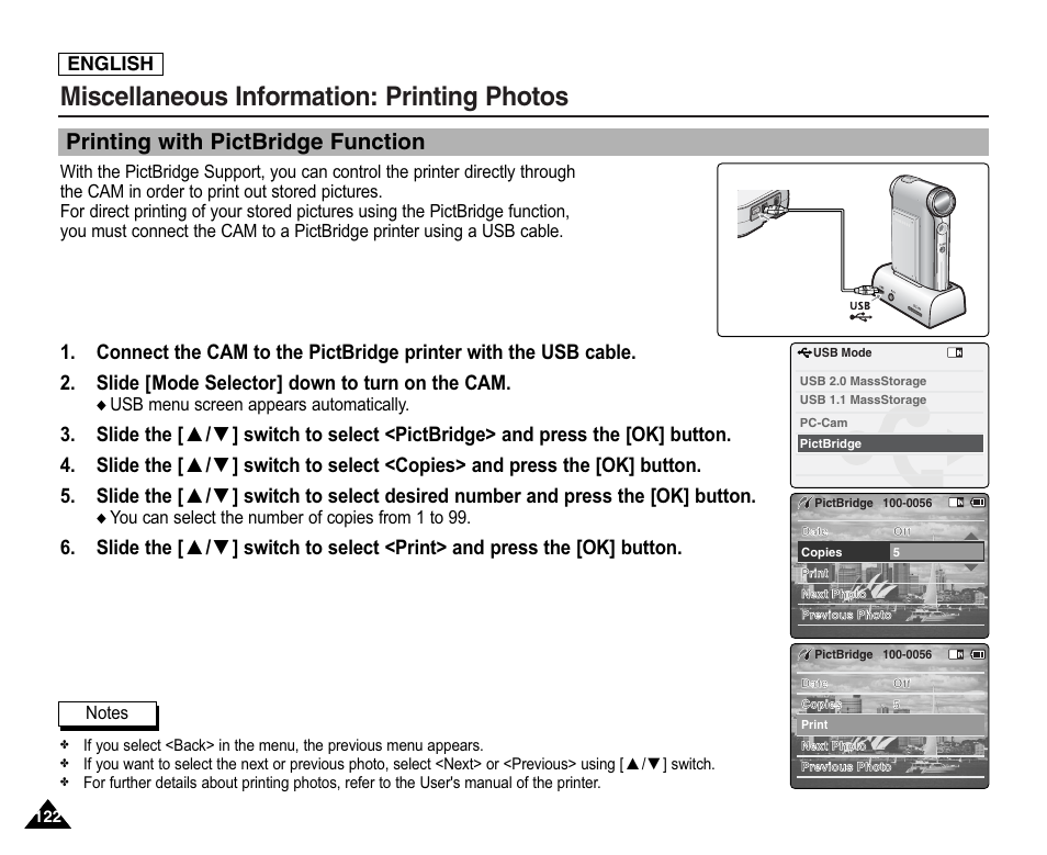 Printing photos, Printing with pictbridge function, Miscellaneous information: printing photos | Samsung SC-X105L-XAA User Manual | Page 126 / 144