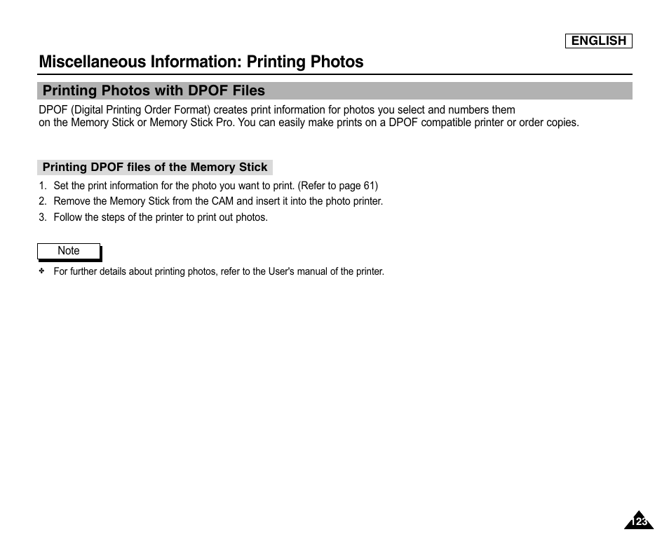Printing photos with dpof files, Miscellaneous information: printing photos | Samsung SC-X105L-XAA User Manual | Page 127 / 144