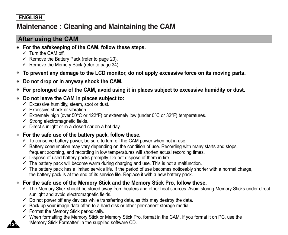 Maintenance, Cleaning and maintaining the cam, After using the cam | Maintenance : cleaning and maintaining the cam | Samsung SC-X105L-XAA User Manual | Page 128 / 144