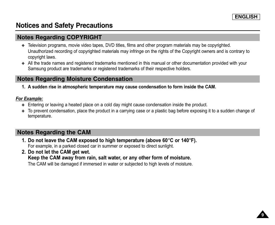 Notes regarding copyright, Notes regarding moisture condensation, Notes regarding the cam | Notices and safety precautions | Samsung SC-X105L-XAA User Manual | Page 13 / 144