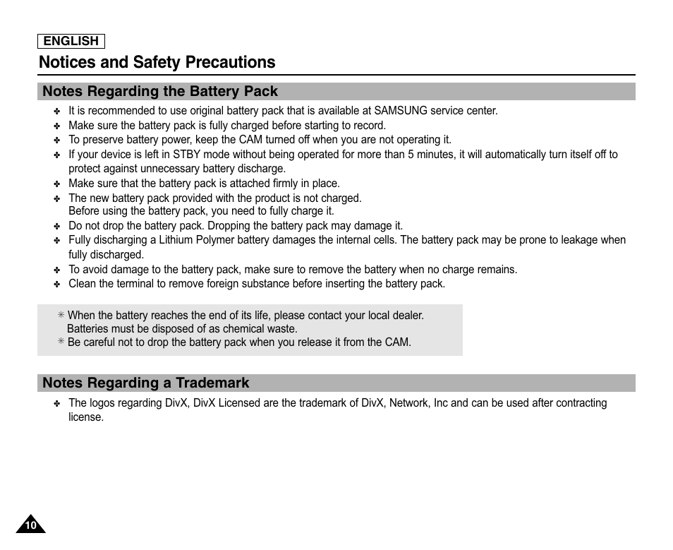 Notes regarding the battery pack, Notes regarding a trademark, Notices and safety precautions | Samsung SC-X105L-XAA User Manual | Page 14 / 144