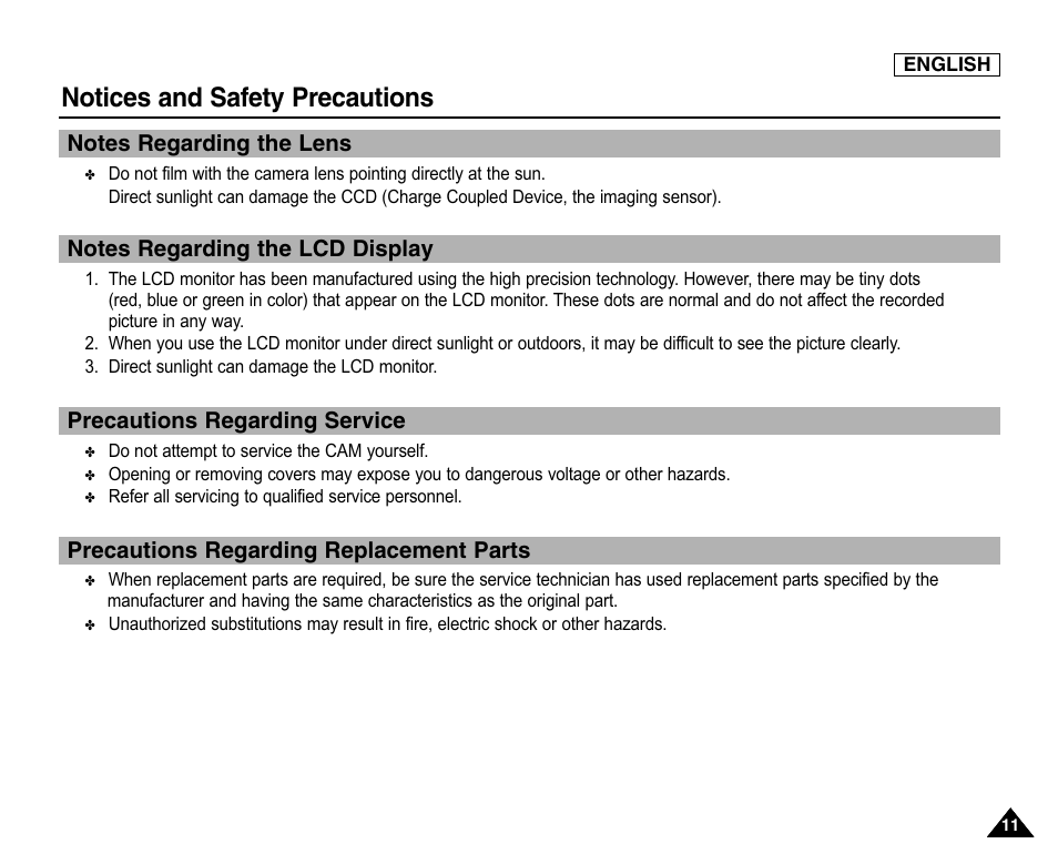 Notes regarding the lens, Notes regarding the lcd display, Precautions regarding service | Precautions regarding replacement parts, Notices and safety precautions | Samsung SC-X105L-XAA User Manual | Page 15 / 144