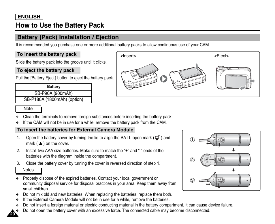 How to use the battery pack, Battery (pack) installation / ejection | Samsung SC-X105L-XAA User Manual | Page 24 / 144