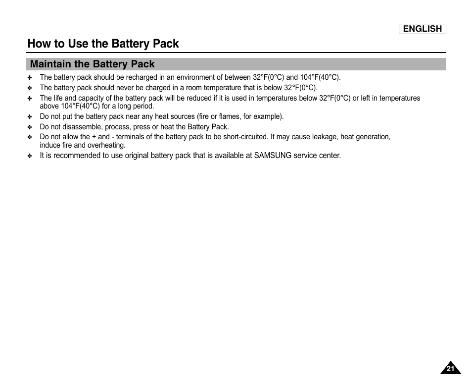Maintain the battery pack, How to use the battery pack | Samsung SC-X105L-XAA User Manual | Page 25 / 144