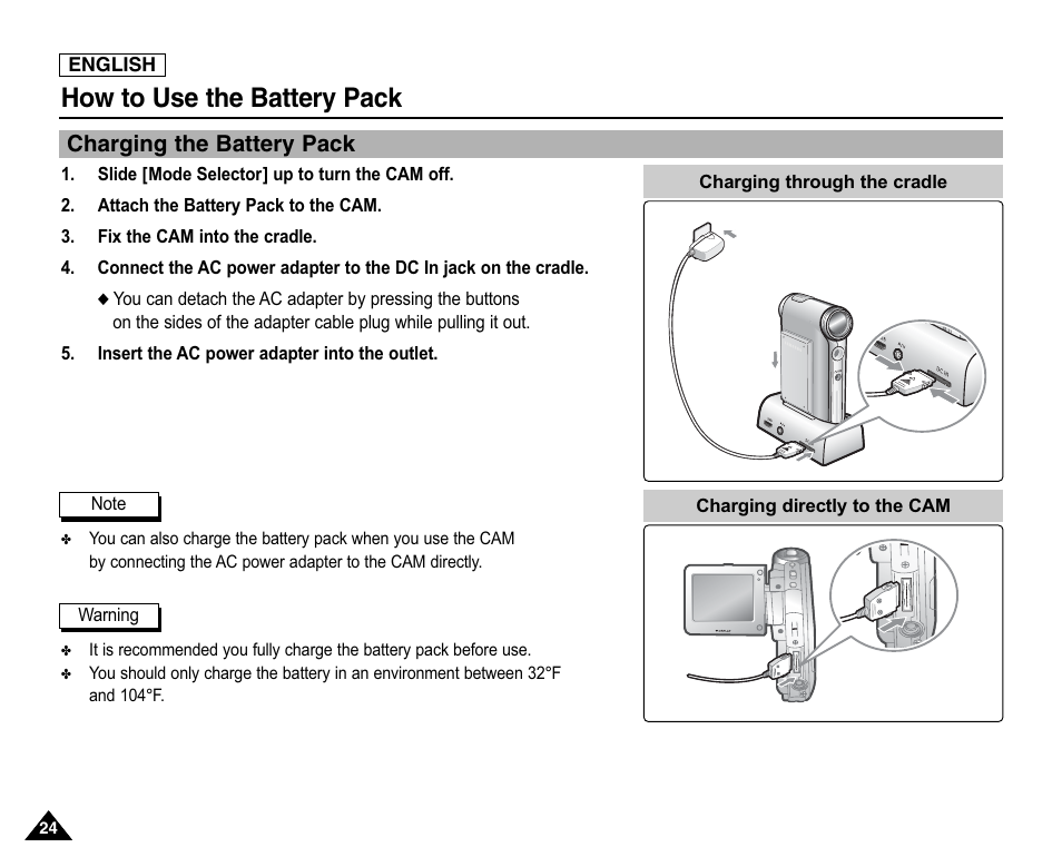 Charging the battery pack, How to use the battery pack | Samsung SC-X105L-XAA User Manual | Page 28 / 144