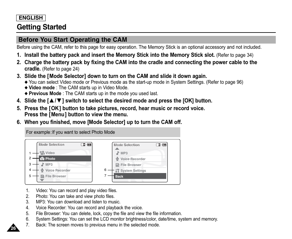 Before you start operating the cam, Getting started | Samsung SC-X105L-XAA User Manual | Page 30 / 144