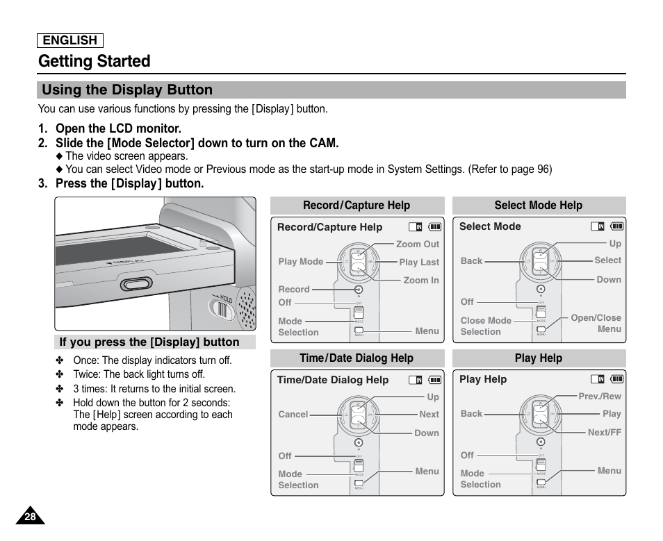 Using the display button, Getting started, Press the [display] button | Samsung SC-X105L-XAA User Manual | Page 32 / 144