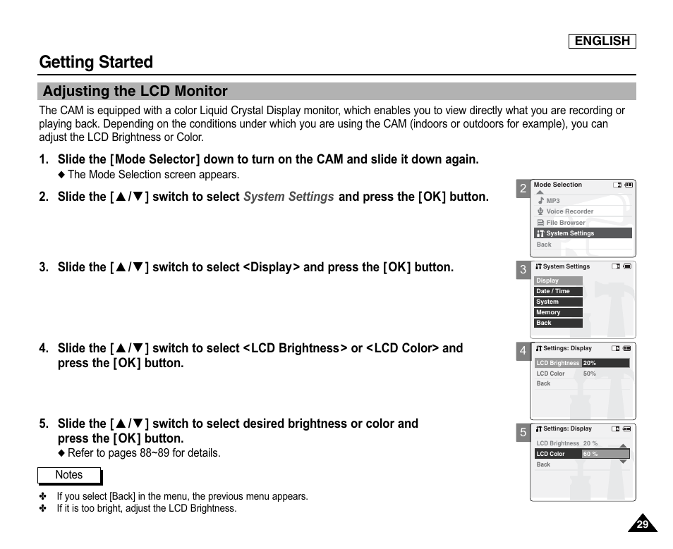 Adjusting the lcd monitor, Getting started, English | Samsung SC-X105L-XAA User Manual | Page 33 / 144