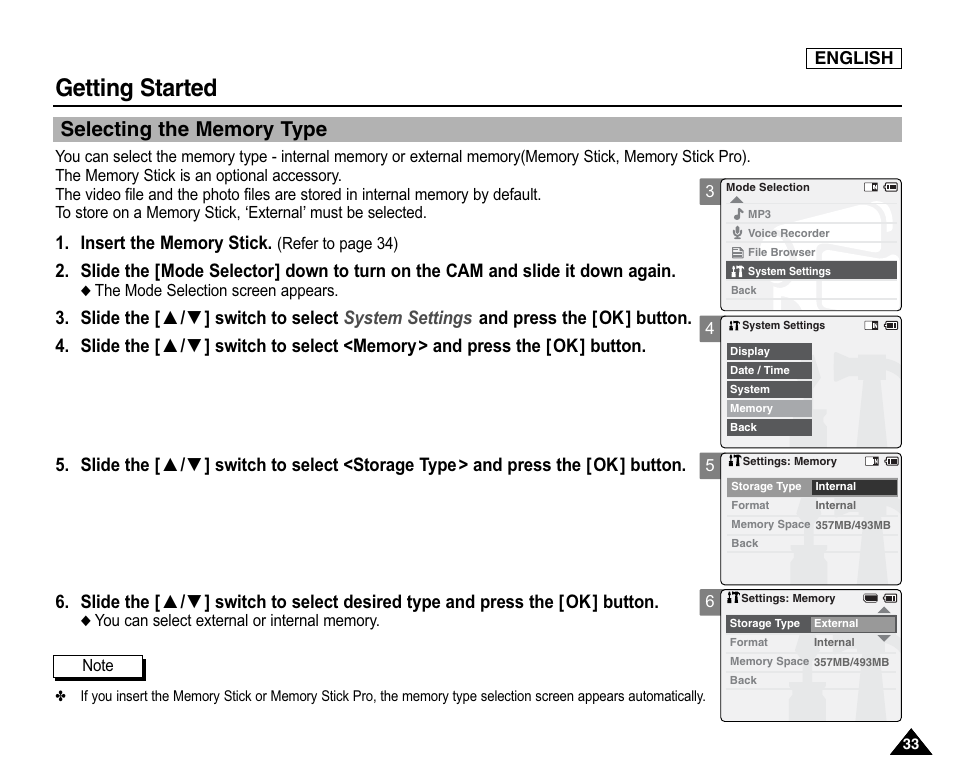 Selecting the memory type, Getting started | Samsung SC-X105L-XAA User Manual | Page 37 / 144