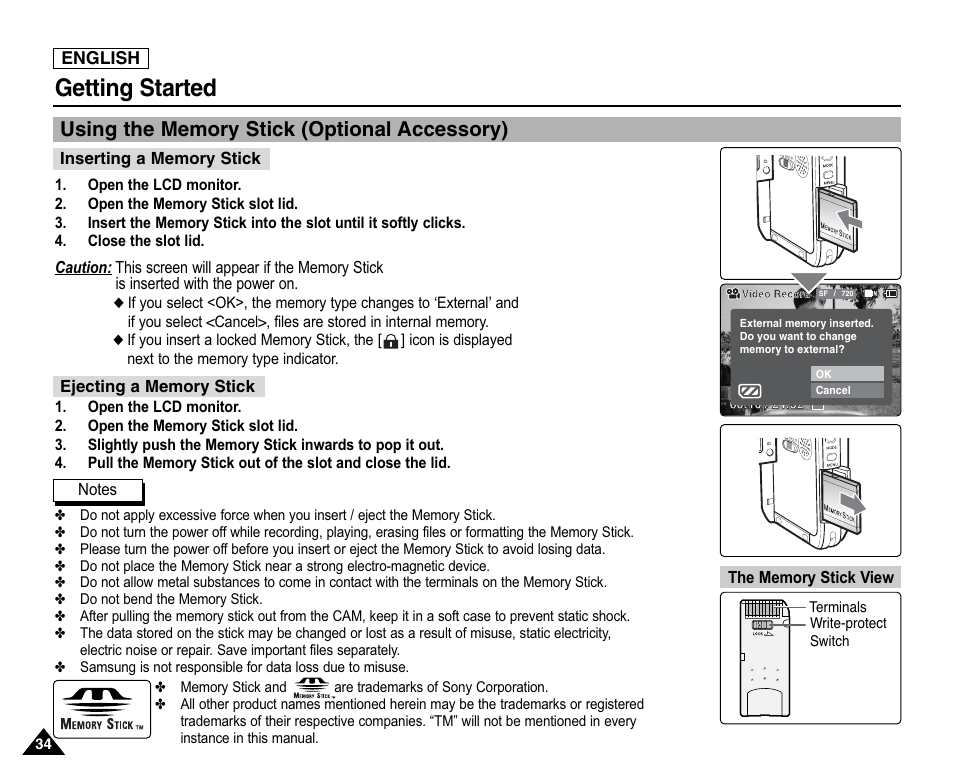 Using the memory stick (optional accessory), Getting started | Samsung SC-X105L-XAA User Manual | Page 38 / 144