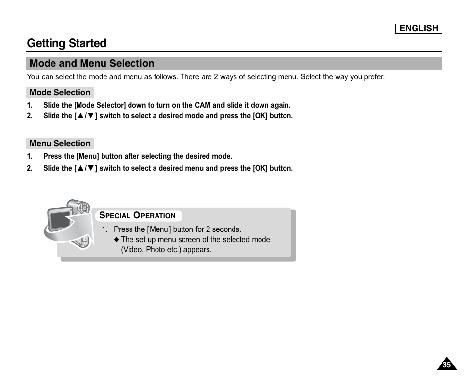 Mode and menu selection, Getting started | Samsung SC-X105L-XAA User Manual | Page 39 / 144