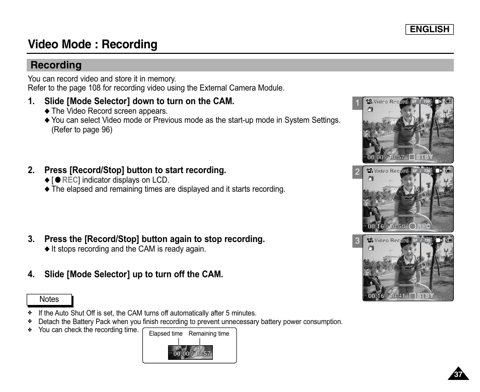 Recording, Video mode : recording, Slide [mode selector] down to turn on the cam | Press [record/stop] button to start recording, Slide [mode selector] up to turn off the cam | Samsung SC-X105L-XAA User Manual | Page 41 / 144