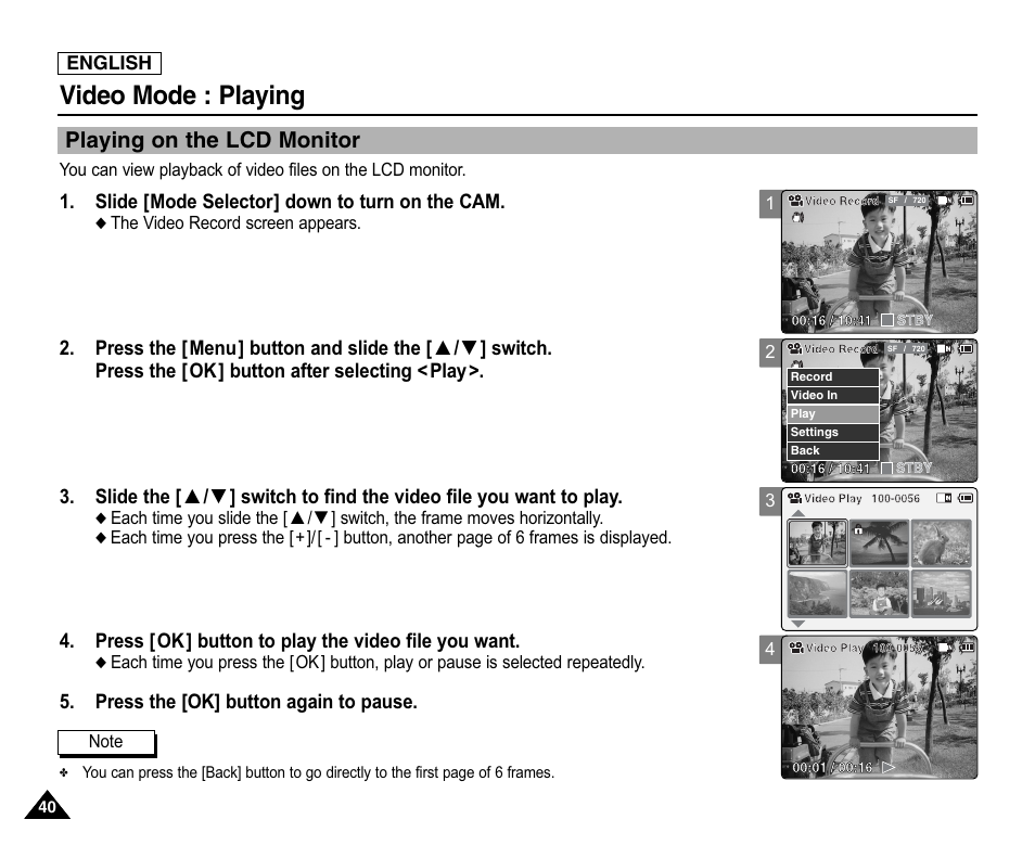 Playing, Playing on the lcd monitor, Video mode : playing | Samsung SC-X105L-XAA User Manual | Page 44 / 144