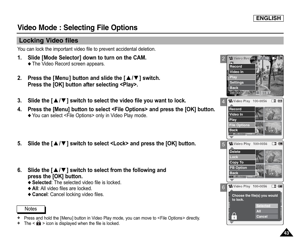 Locking video files, Video mode : selecting file options, Slide [mode selector] down to turn on the cam | Samsung SC-X105L-XAA User Manual | Page 47 / 144