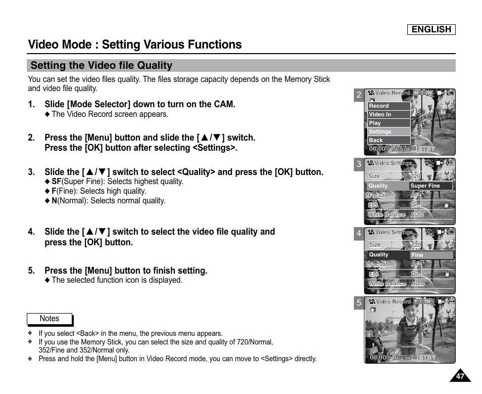 Setting the video file quality, Video mode : setting various functions, Slide [mode selector] down to turn on the cam | English | Samsung SC-X105L-XAA User Manual | Page 51 / 144