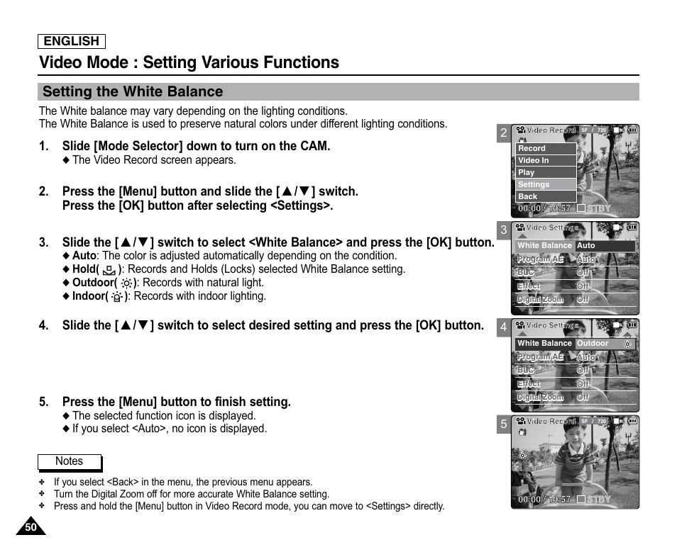 Setting the white balance, Video mode : setting various functions, Slide [mode selector] down to turn on the cam | English | Samsung SC-X105L-XAA User Manual | Page 54 / 144