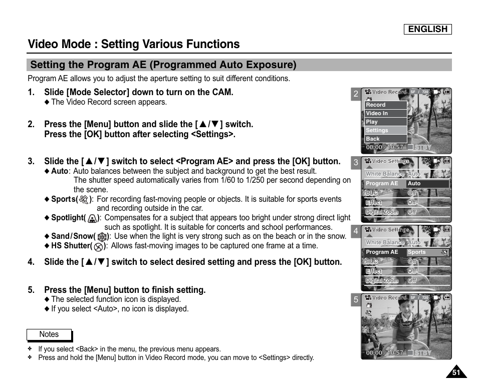 Setting the program ae (programmed auto exposure), Video mode : setting various functions, Slide [mode selector] down to turn on the cam | English | Samsung SC-X105L-XAA User Manual | Page 55 / 144