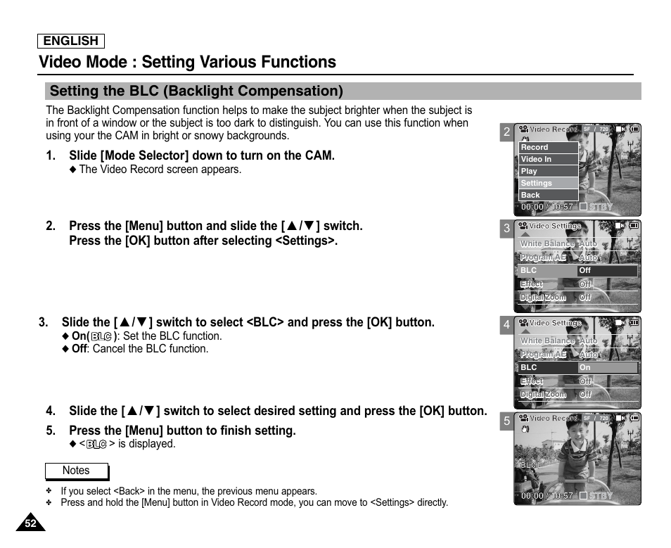 Setting the blc (backlight compensation), Video mode : setting various functions, Slide [mode selector] down to turn on the cam | English | Samsung SC-X105L-XAA User Manual | Page 56 / 144