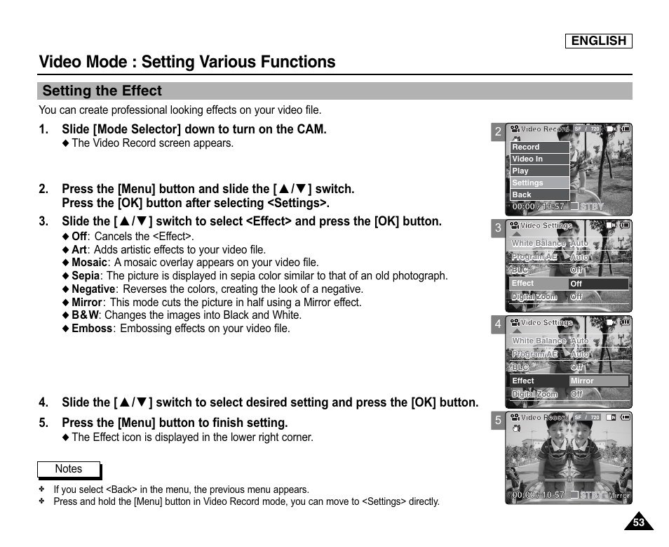 Setting the effect, Video mode : setting various functions, Slide [mode selector] down to turn on the cam | English | Samsung SC-X105L-XAA User Manual | Page 57 / 144