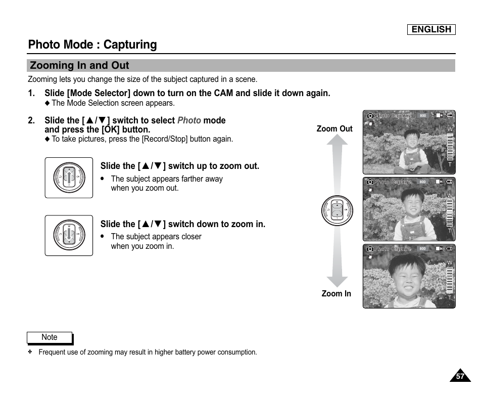 Zooming in and out, Photo mode : capturing | Samsung SC-X105L-XAA User Manual | Page 61 / 144