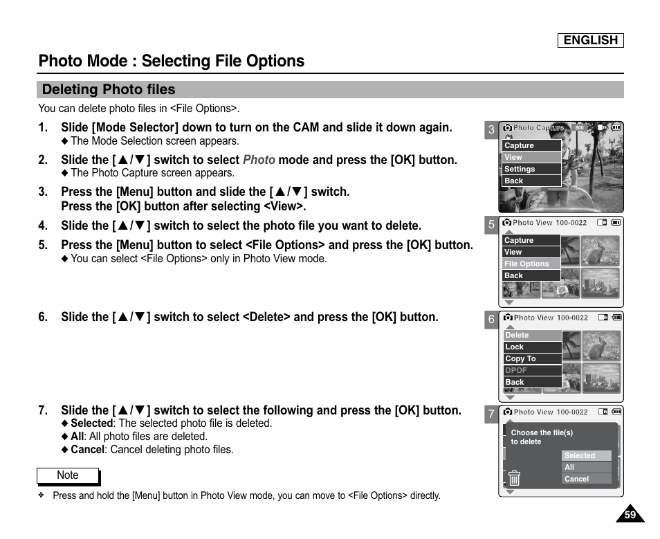 Selecting file options, Deleting photo files, Photo mode : selecting file options | Samsung SC-X105L-XAA User Manual | Page 63 / 144