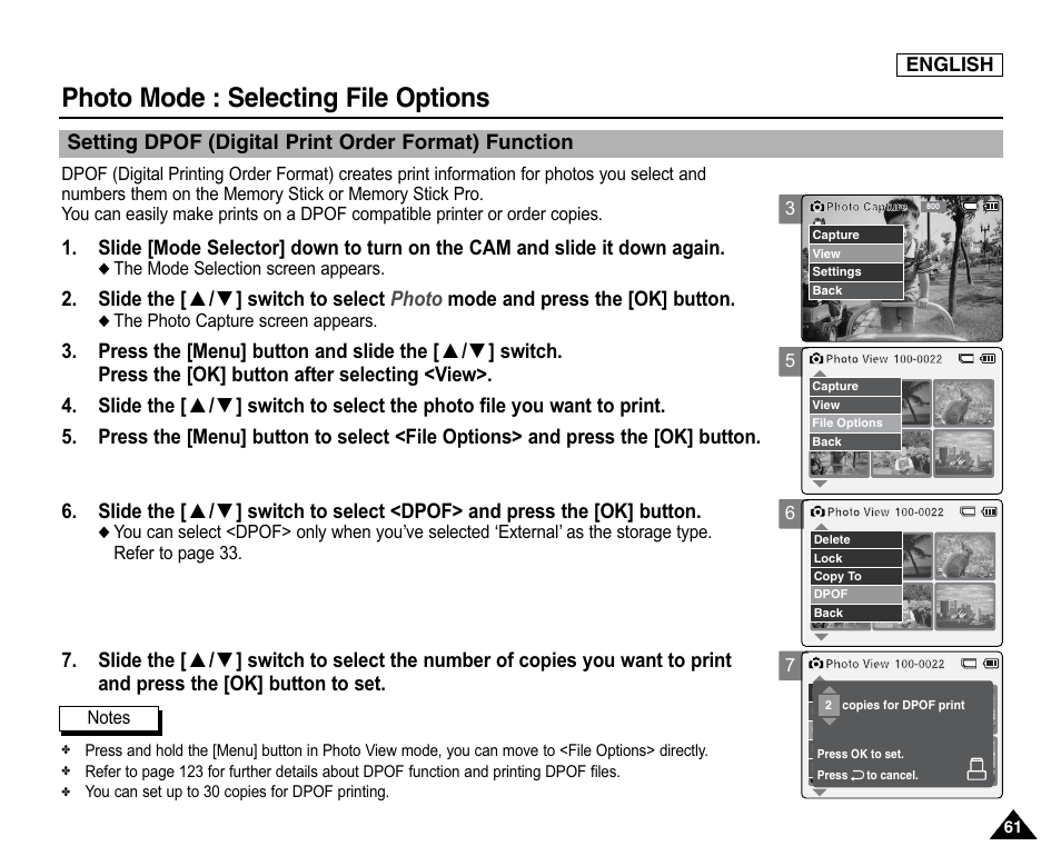 Setting dpof(digital print order format) function, Photo mode : selecting file options | Samsung SC-X105L-XAA User Manual | Page 65 / 144