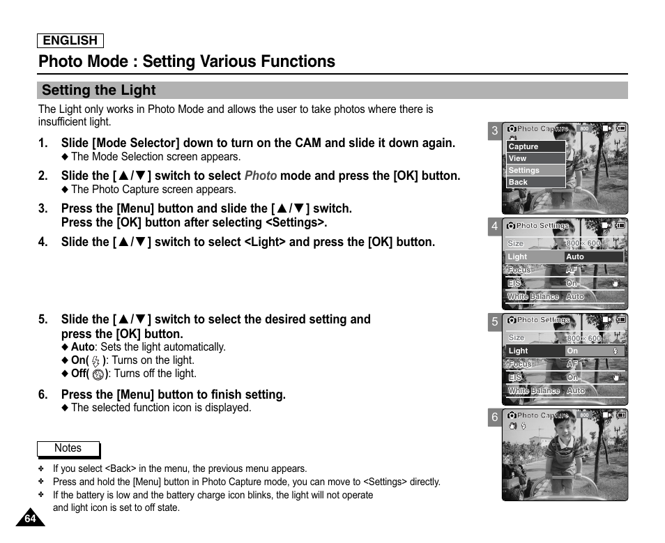 Setting the light, Photo mode : setting various functions, Press the [menu] button to finish setting | Samsung SC-X105L-XAA User Manual | Page 68 / 144