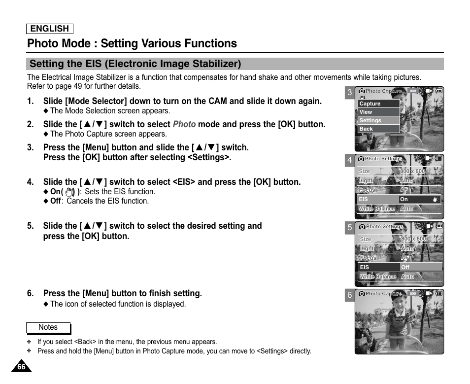Setting the eis (electronic image stabilizer), Photo mode : setting various functions | Samsung SC-X105L-XAA User Manual | Page 70 / 144