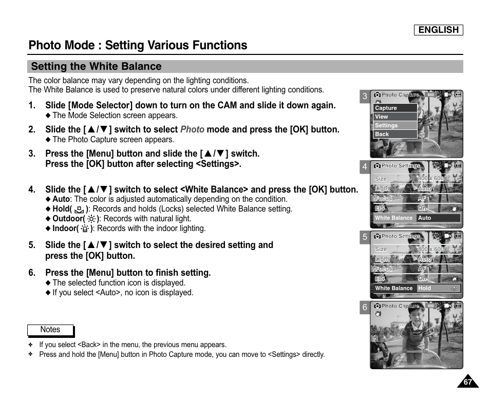 Setting the white balance, Photo mode : setting various functions | Samsung SC-X105L-XAA User Manual | Page 71 / 144