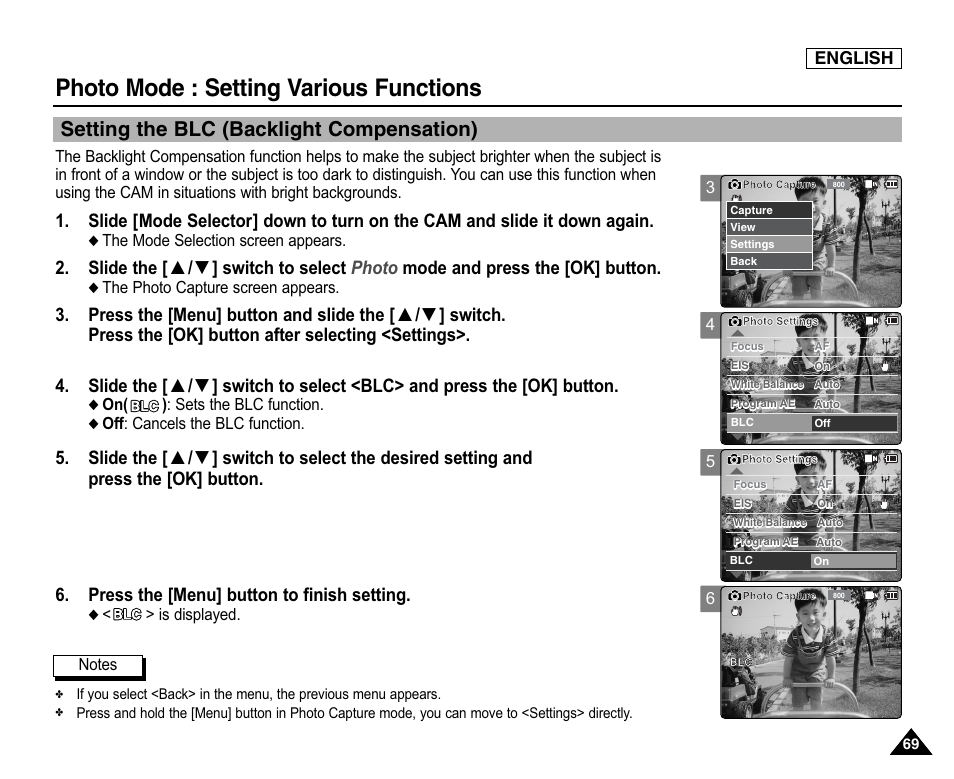 Setting the blc (backlight compensation), Photo mode : setting various functions, English | Samsung SC-X105L-XAA User Manual | Page 73 / 144