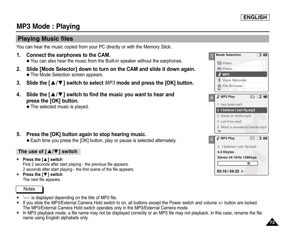 Playing, Playing music files, Mp3 mode : playing | Samsung SC-X105L-XAA User Manual | Page 77 / 144