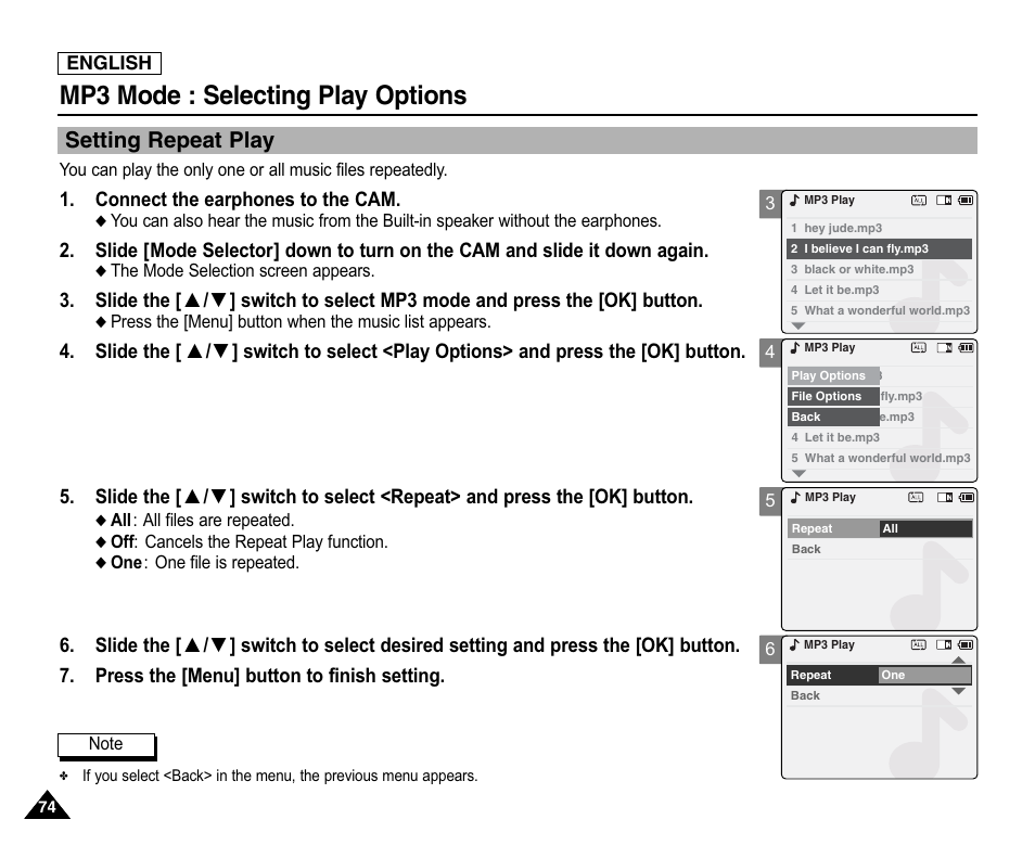 Selecting play options, Setting repeat play, Mp3 mode : selecting play options | Samsung SC-X105L-XAA User Manual | Page 78 / 144