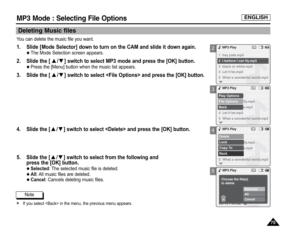 Selecting file options, Deleting music files, Mp3 mode : selecting file options | Samsung SC-X105L-XAA User Manual | Page 79 / 144