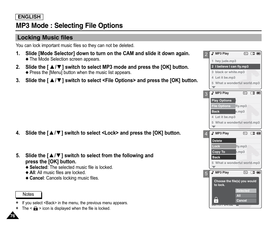 Locking music files, Mp3 mode : selecting file options | Samsung SC-X105L-XAA User Manual | Page 80 / 144