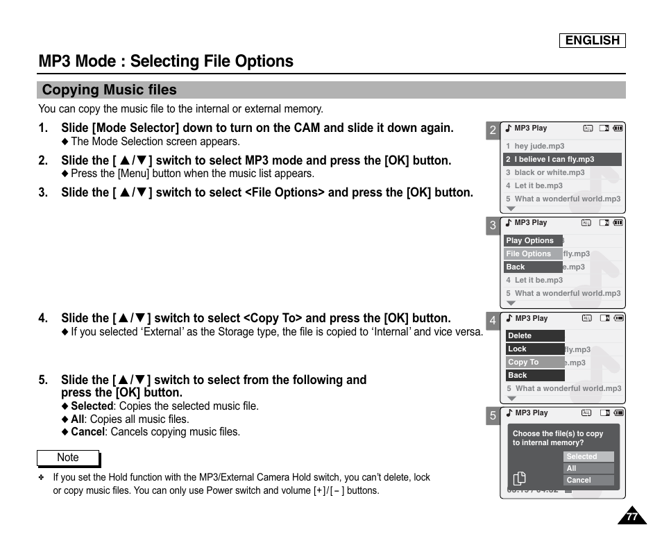 Copying music files, Mp3 mode : selecting file options | Samsung SC-X105L-XAA User Manual | Page 81 / 144