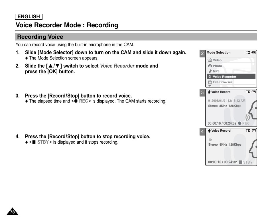 Voice recorder mode, Recording, Recording voice | Voice recorder mode : recording | Samsung SC-X105L-XAA User Manual | Page 82 / 144