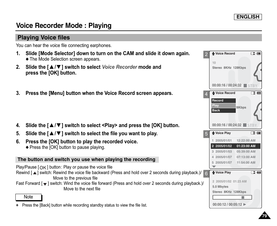 Playing, Playing voice files, Voice recorder mode : playing | Samsung SC-X105L-XAA User Manual | Page 83 / 144