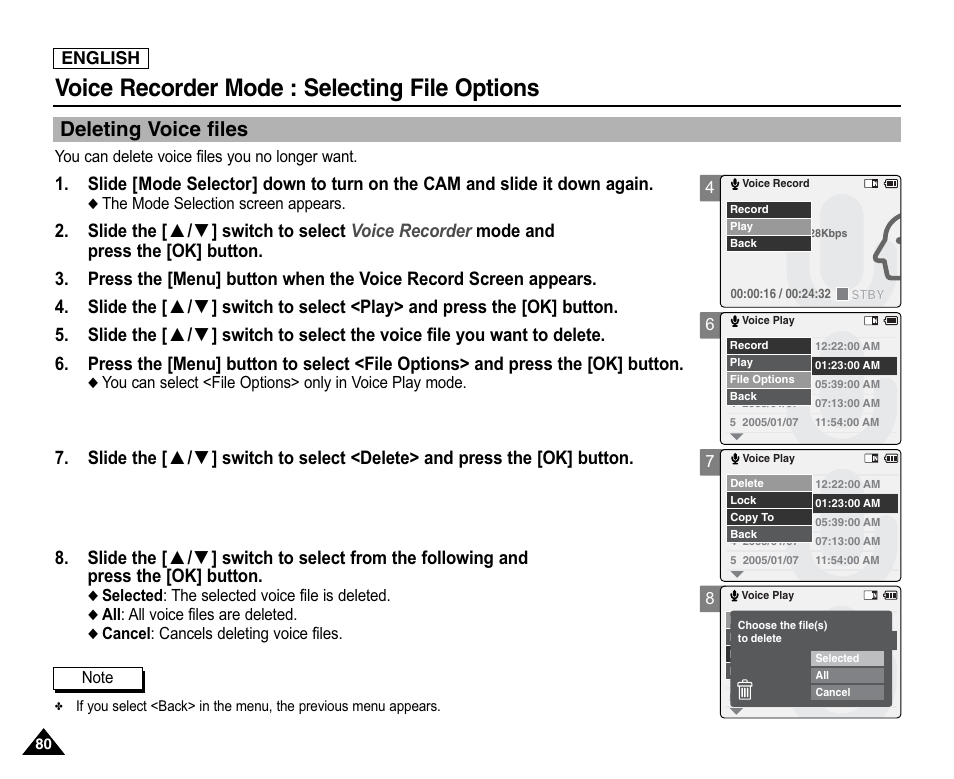 Selecting file options, Deleting voice files, Voice recorder mode : selecting file options | Samsung SC-X105L-XAA User Manual | Page 84 / 144