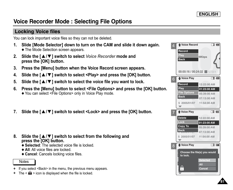 Locking voice files, Voice recorder mode : selecting file options | Samsung SC-X105L-XAA User Manual | Page 85 / 144