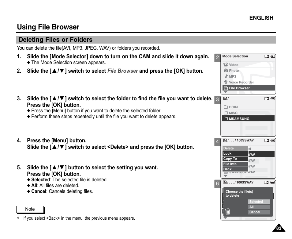 Using file browser, Deleting files or folders | Samsung SC-X105L-XAA User Manual | Page 87 / 144