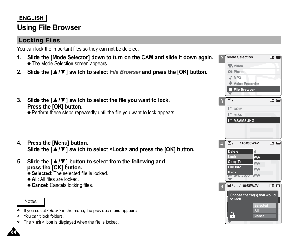 Locking files, Using file browser | Samsung SC-X105L-XAA User Manual | Page 88 / 144