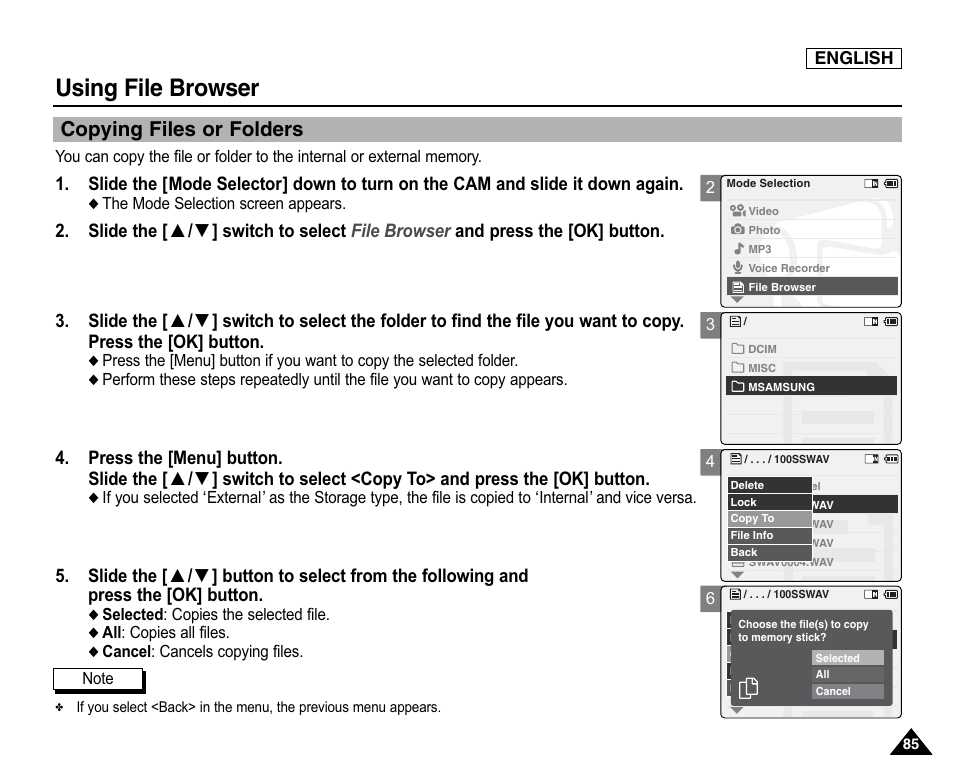 Copying files or folders, Using file browser | Samsung SC-X105L-XAA User Manual | Page 89 / 144