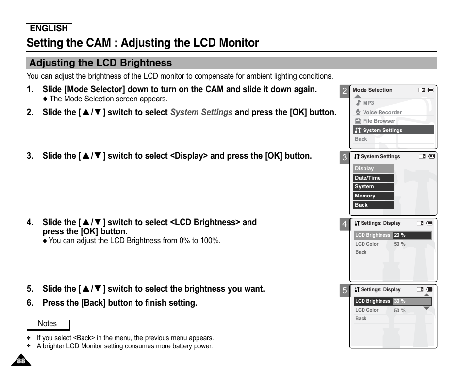 Adjusting the lcd monitor, Adjusting the lcd brightness, Setting the cam : adjusting the lcd monitor | Samsung SC-X105L-XAA User Manual | Page 92 / 144
