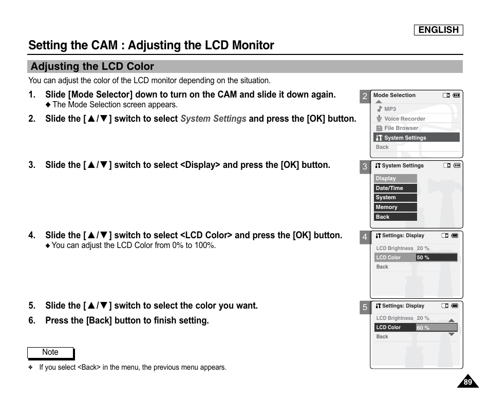 Adjusting the lcd color, Setting the cam : adjusting the lcd monitor, Press the [back] button to finish setting | Samsung SC-X105L-XAA User Manual | Page 93 / 144