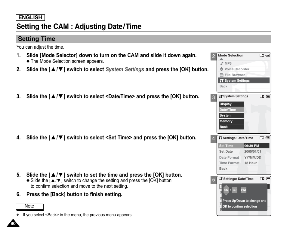 Adjusting date/time, Setting time, Setting the cam : adjusting date/time | Press the [back] button to finish setting | Samsung SC-X105L-XAA User Manual | Page 94 / 144